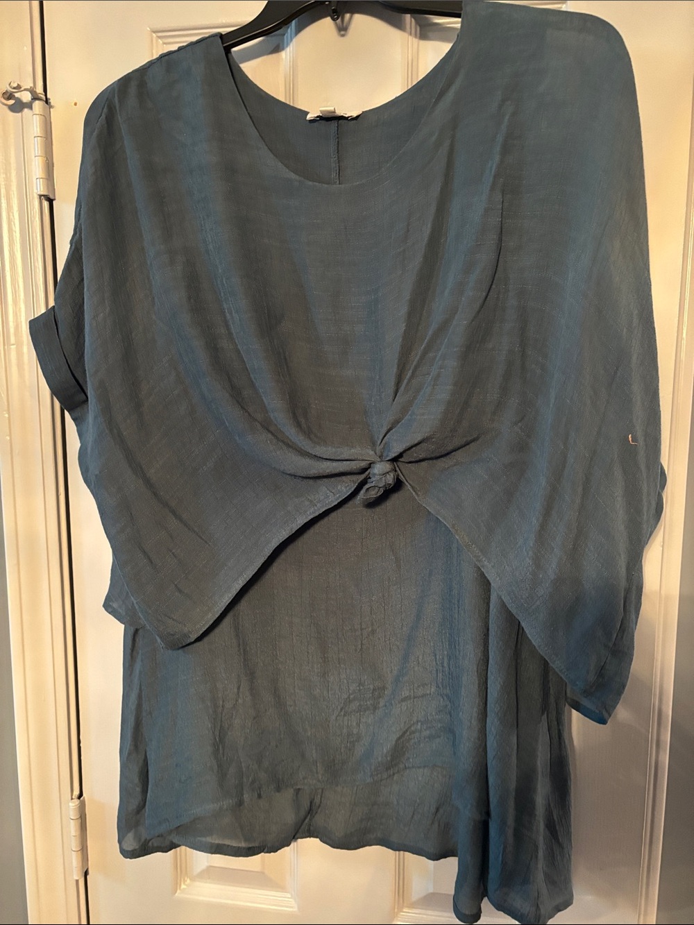 Umgee Knot Front Dusty Blue Linen Layered Tunic Blouse